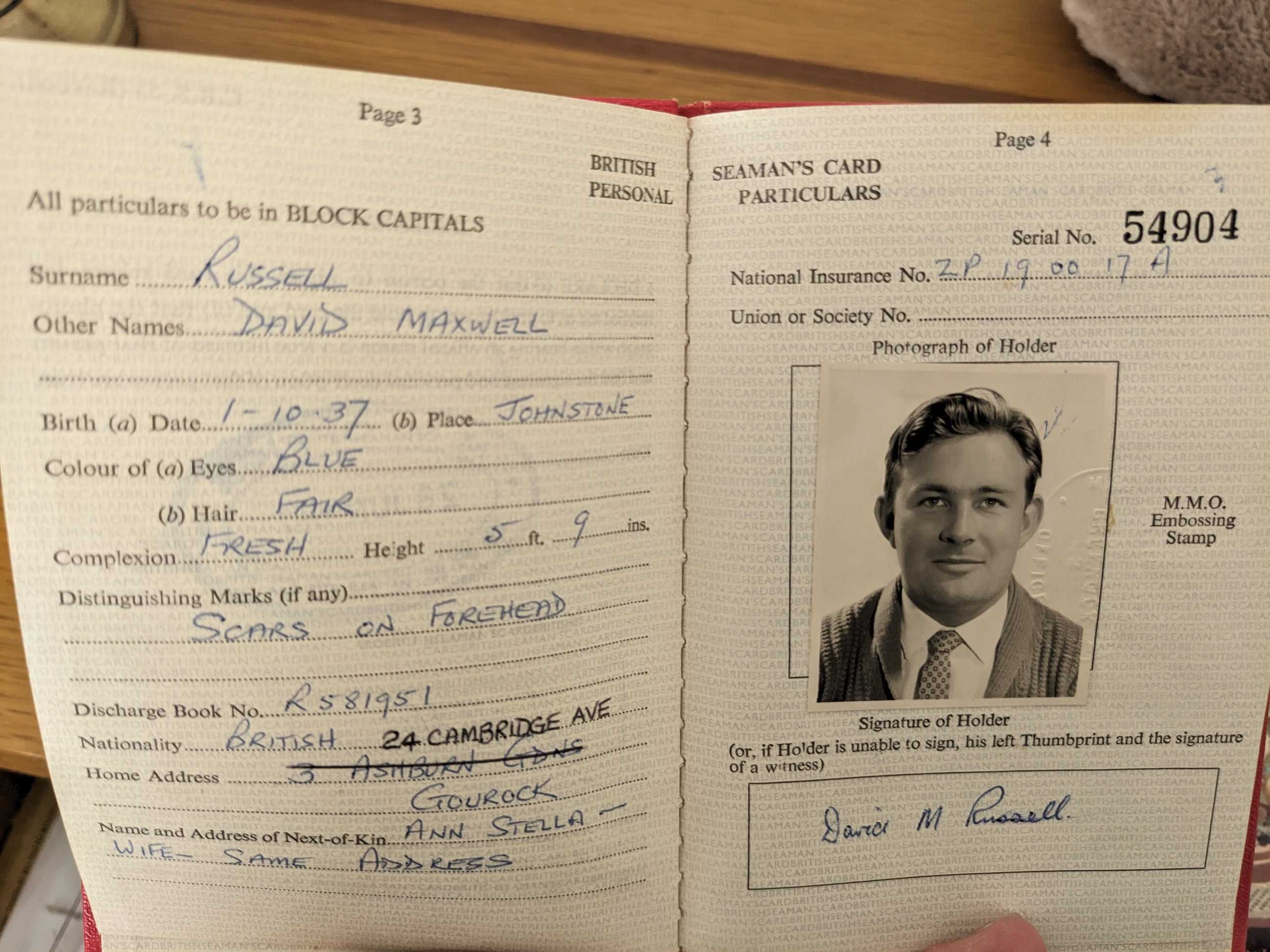 Inside of David's British Seaman's card